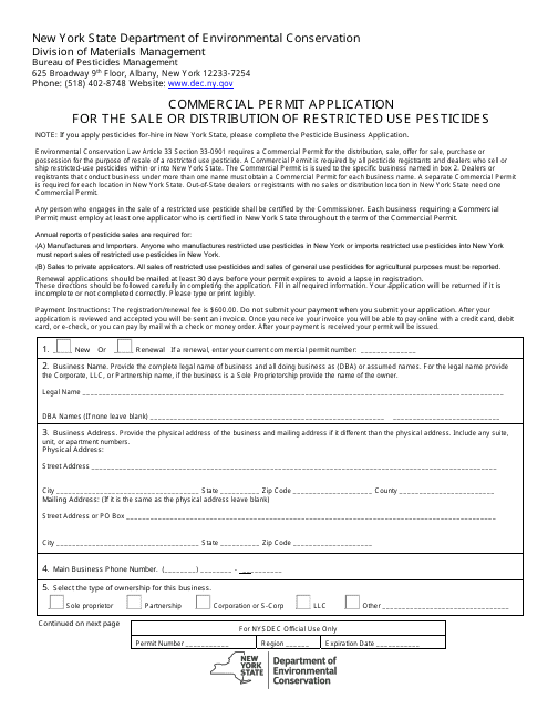 Commercial Permit Application for the Sale or Distribution of Restricted Use Pesticides - New York