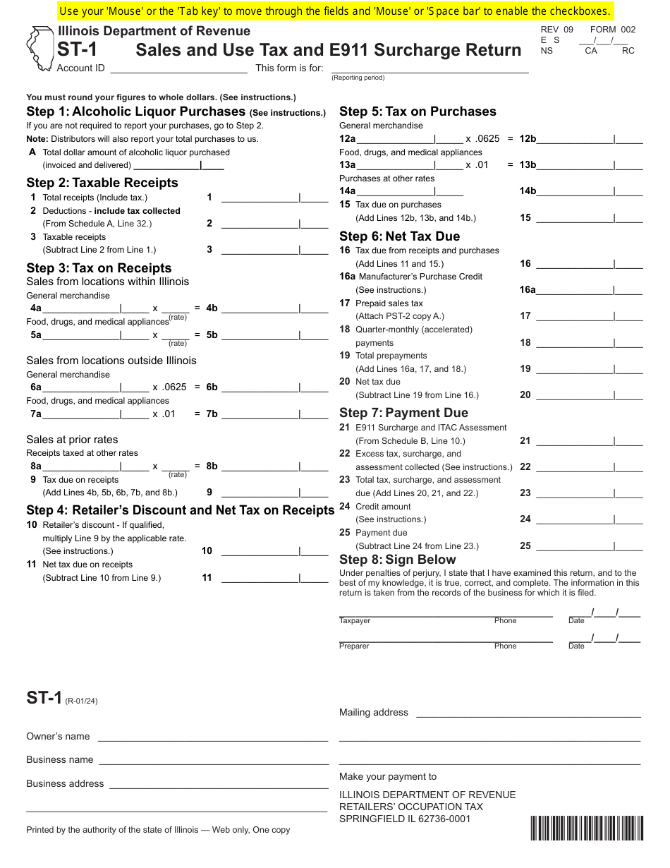 Form ST-1 (002) Sales and Use Tax and E911 Surcharge Return - Illinois, Page 1