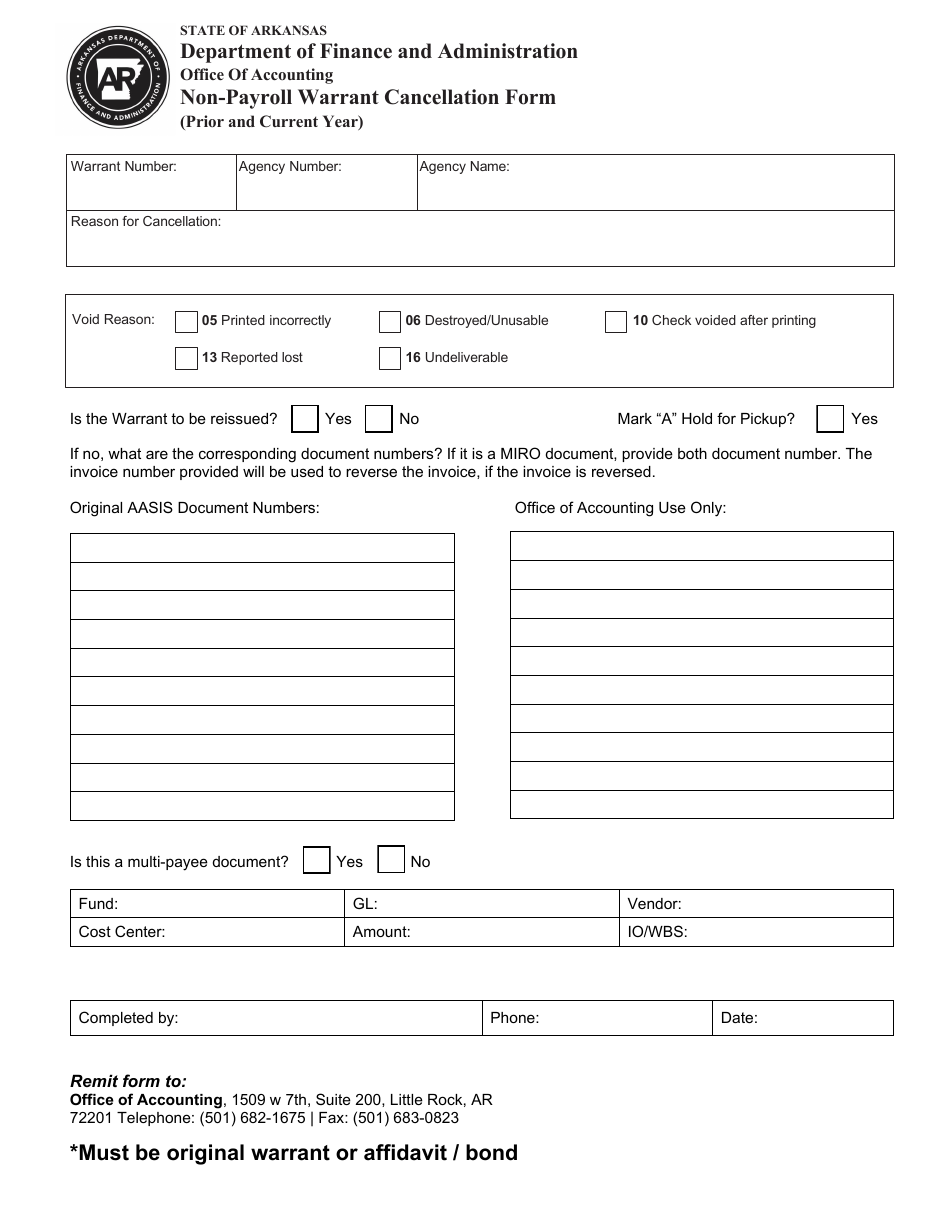Non-payroll Warrant Cancellation Form - Arkansas, Page 1