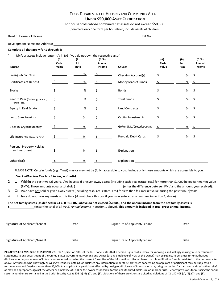 Under $50,000 Asset Certification - Texas, Page 1