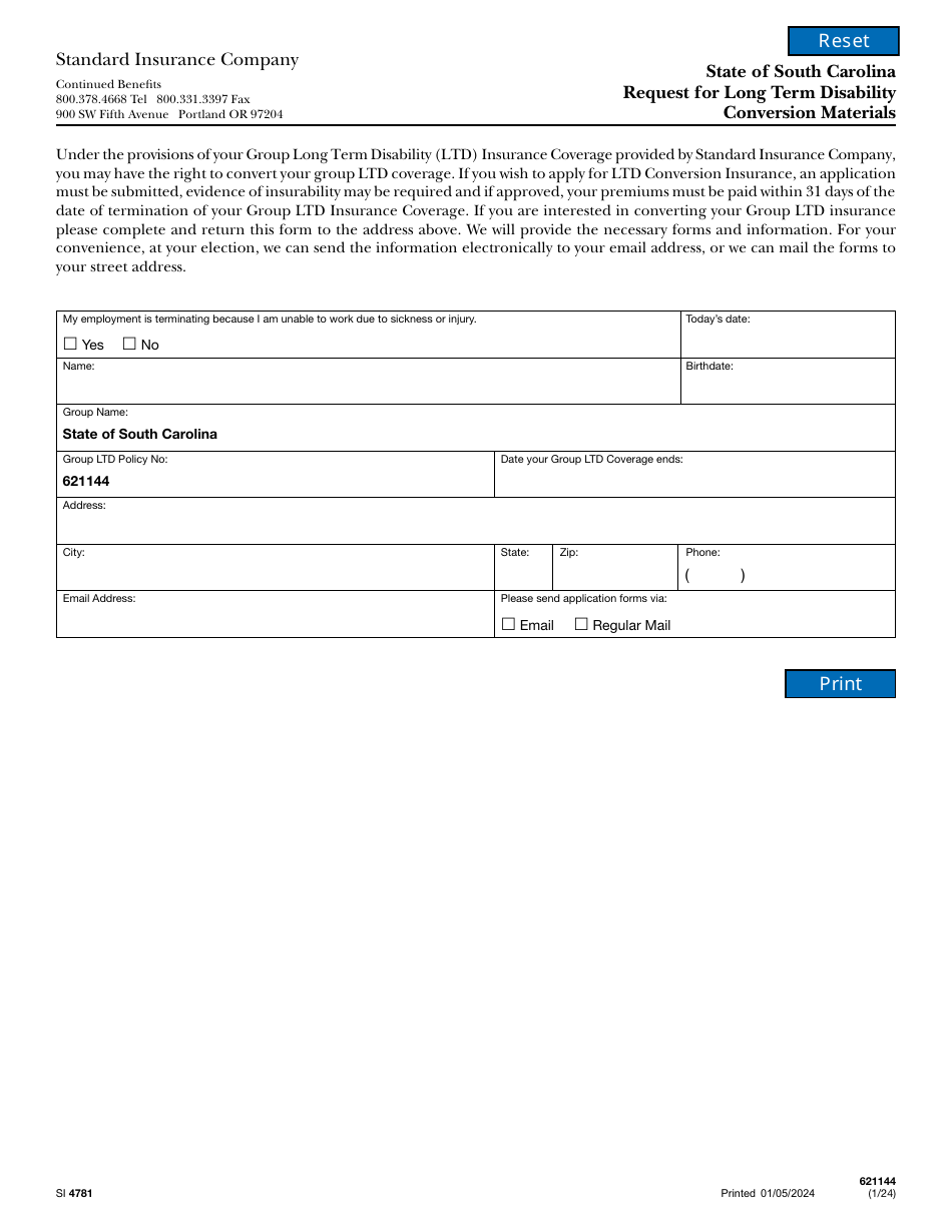 Form SI4781 Request for Long Term Disability Conversion Materials - South Carolina, Page 1