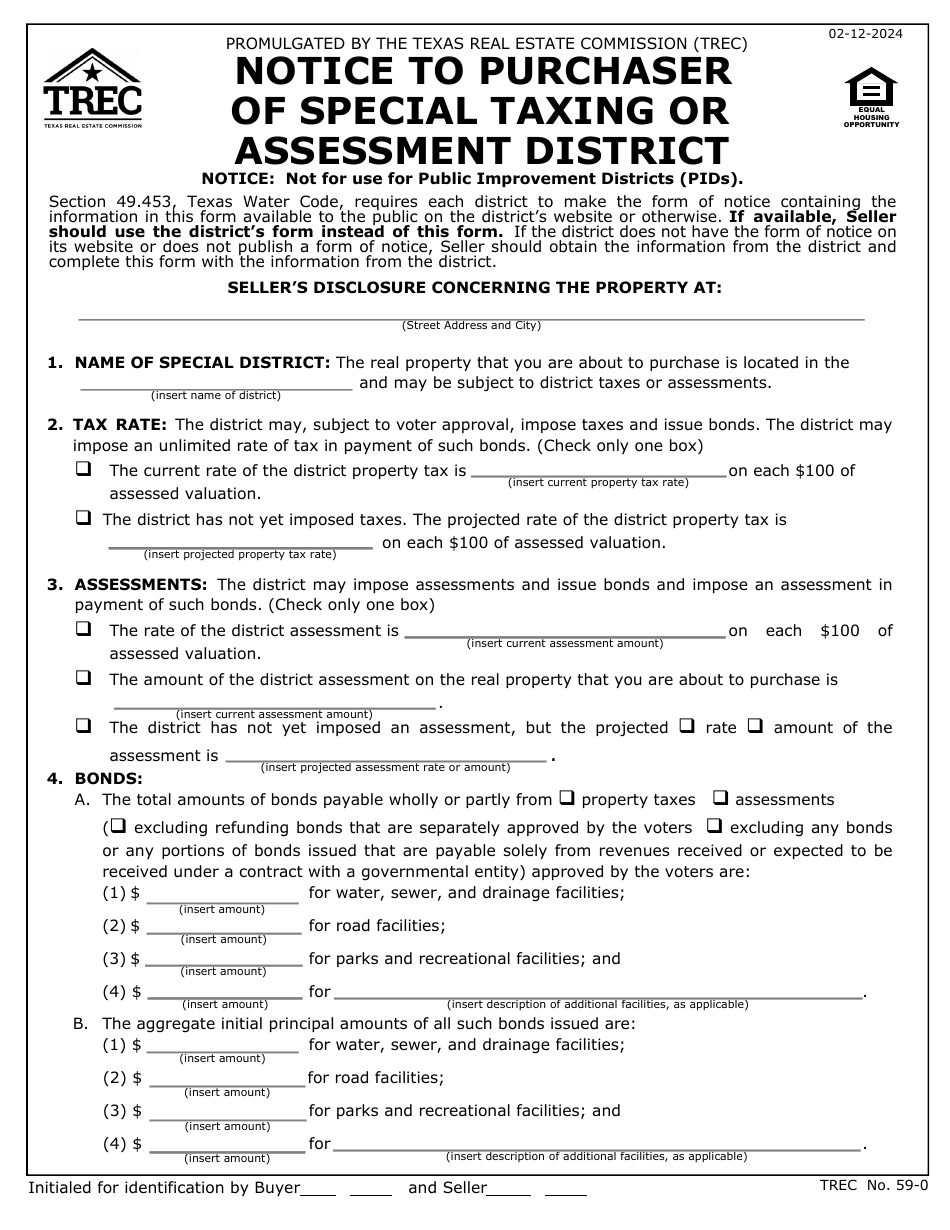 TREC Form 59 Notice to Purchaser of Special Taxing or Assessment District - Texas, Page 1
