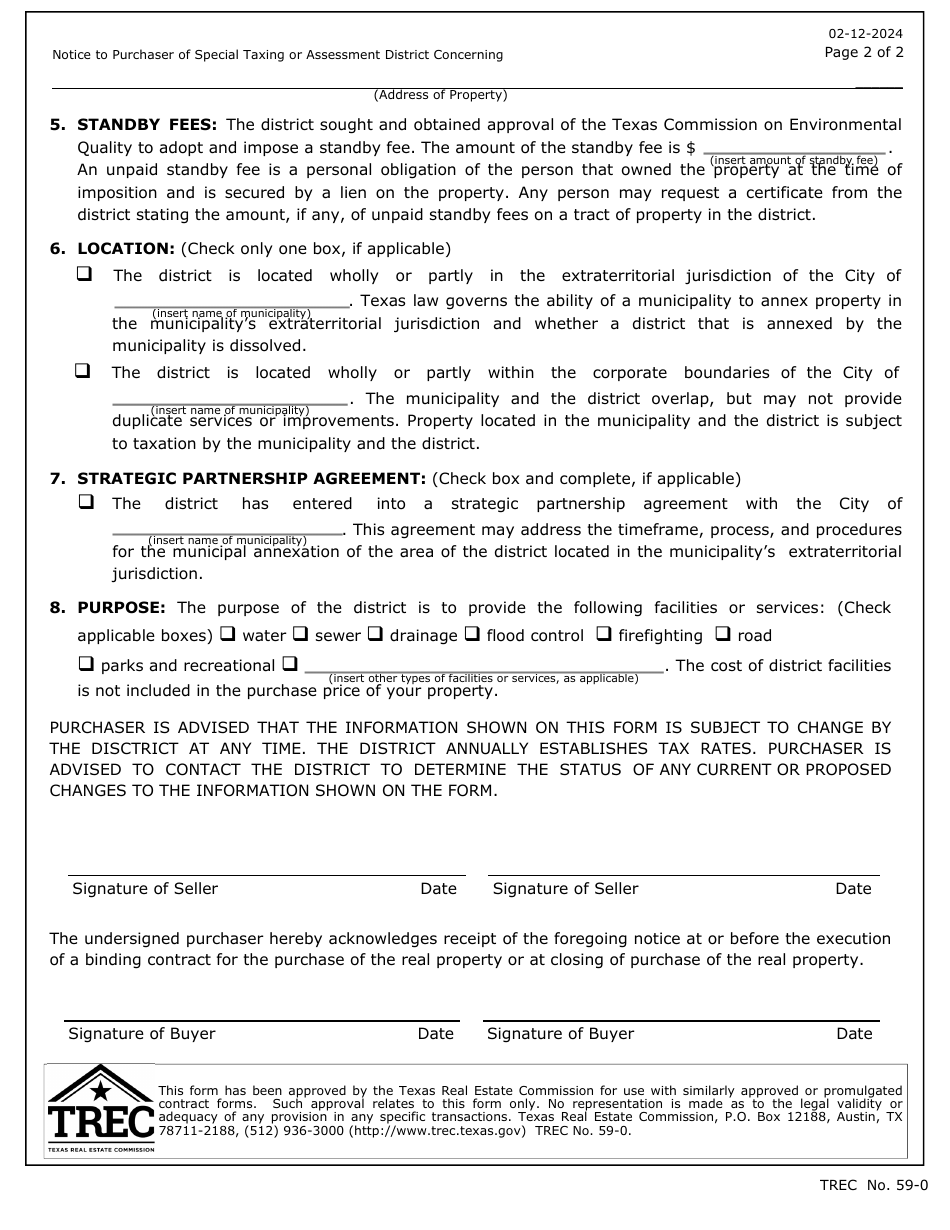 TREC Form 59 Notice to Purchaser of Special Taxing or Assessment District - Texas, Page 2