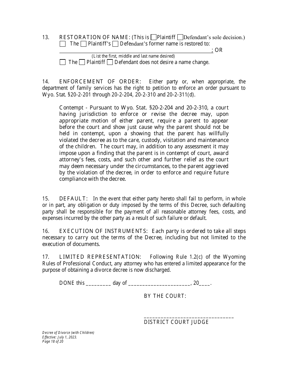Decree of Divorce With Minor Children - Wyoming, Page 18