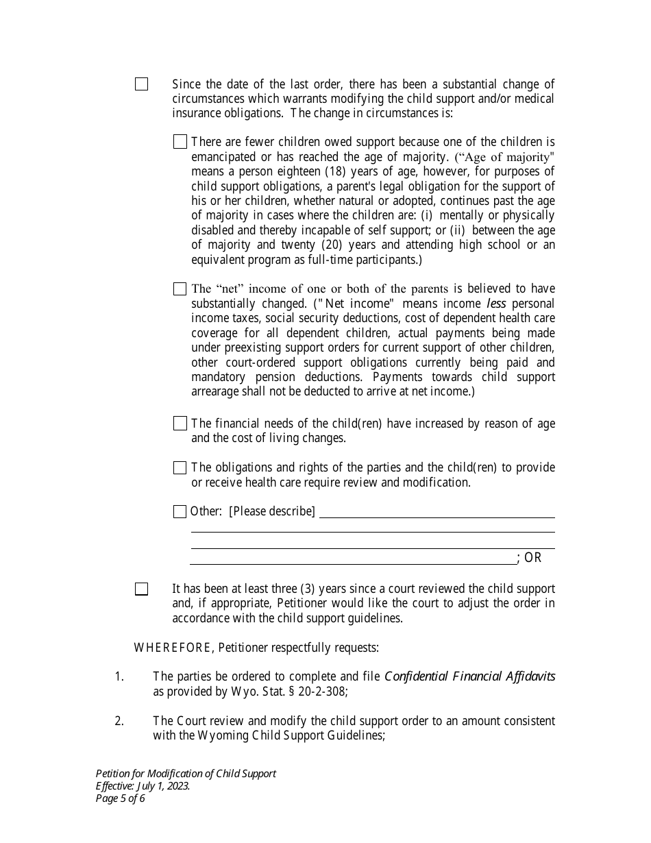 Petition for Modification of Child Support and Judgment for Arrears - Wyoming, Page 5