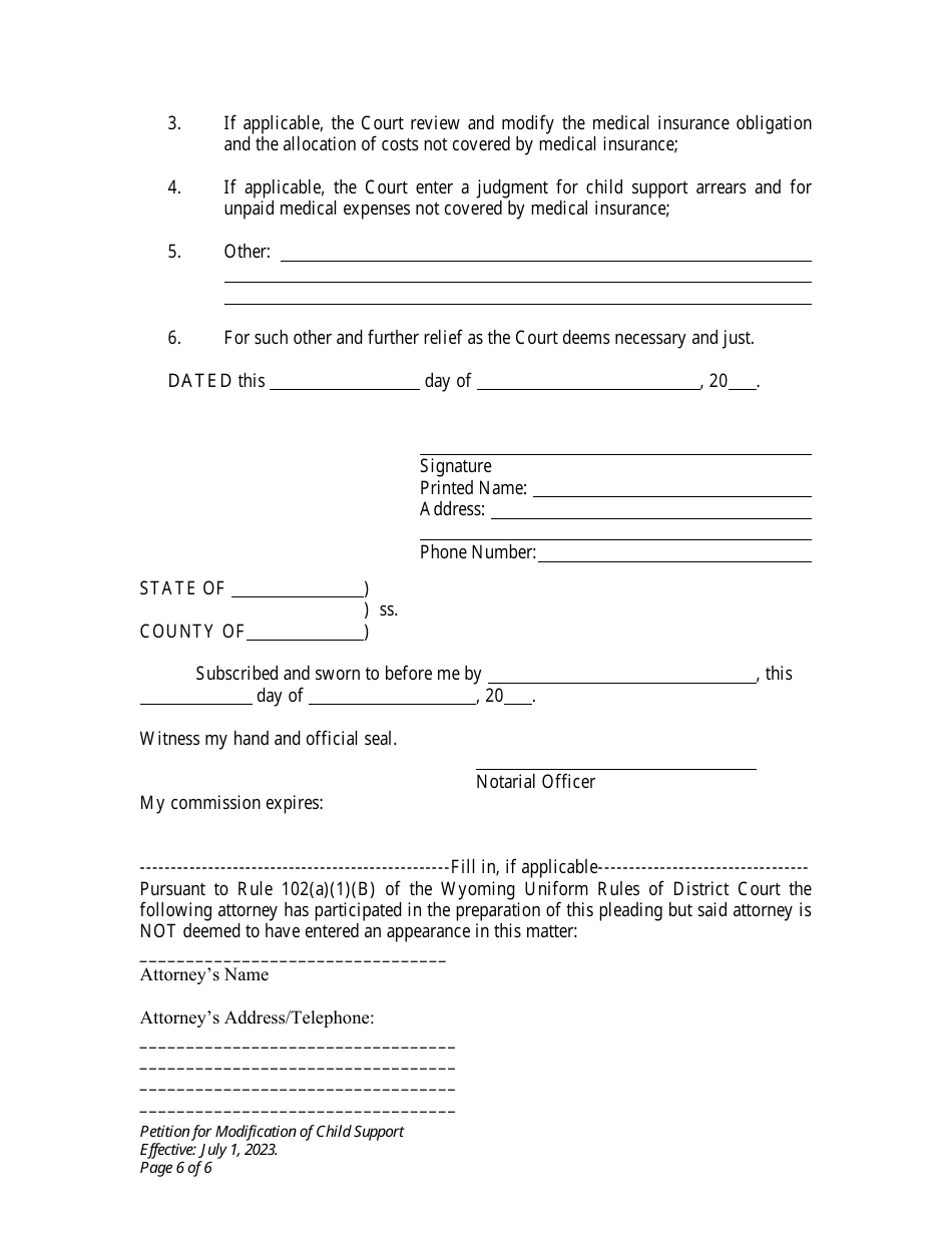Petition for Modification of Child Support and Judgment for Arrears - Wyoming, Page 6