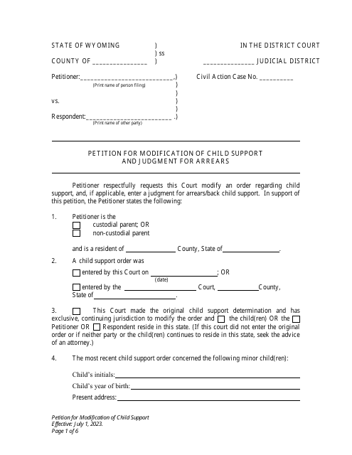 Petition for Modification of Child Support and Judgment for Arrears - Wyoming Download Pdf