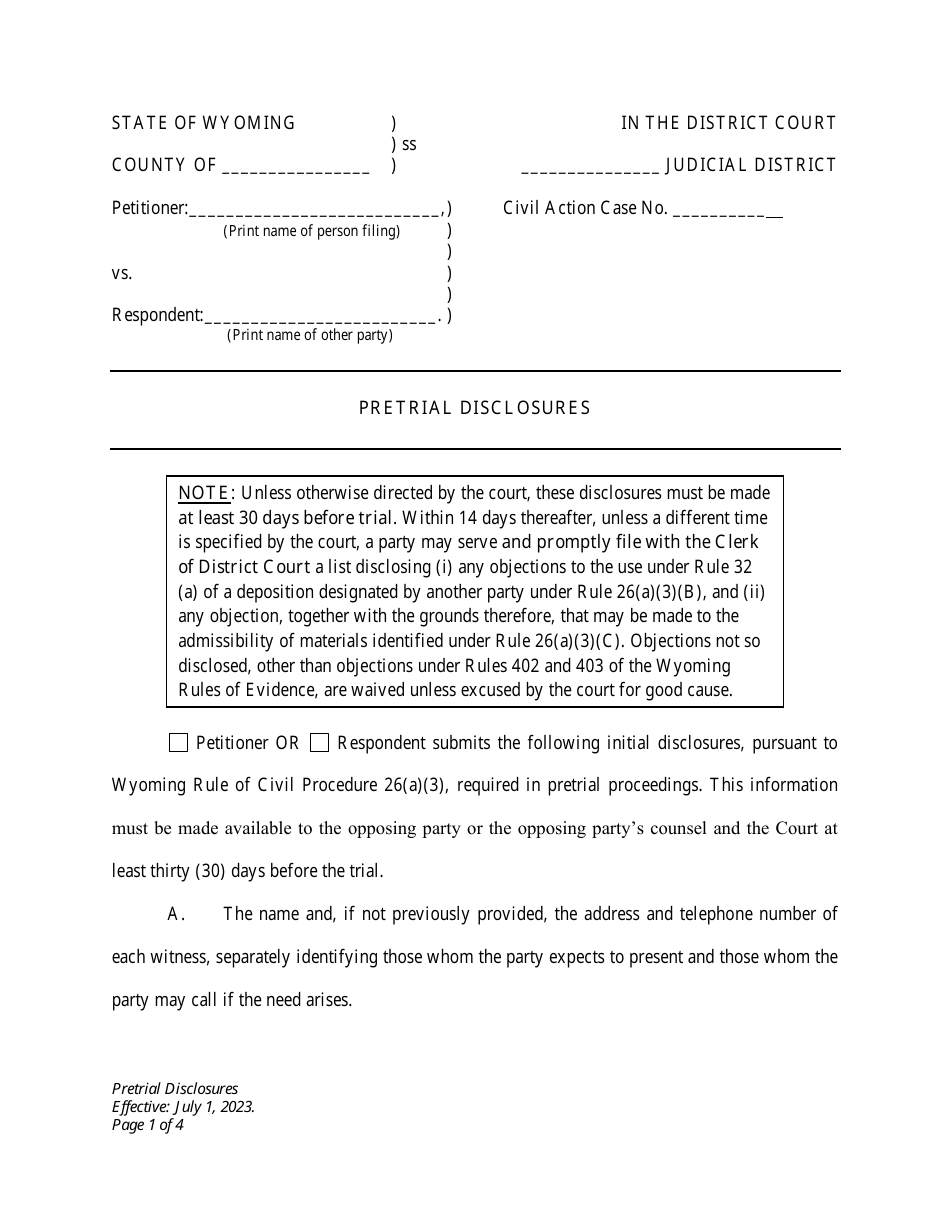 Pretrial Disclosures - Petitioner / Respondent - Wyoming, Page 1