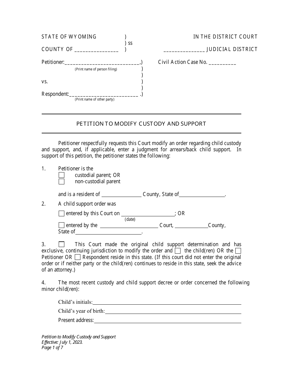 Wyoming Petition to Modify Custody and Support Download Printable PDF ...