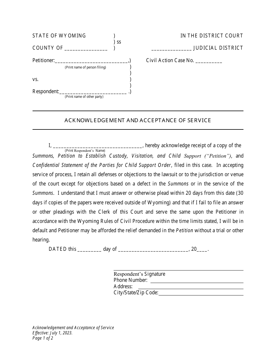 Acknowledgement and Acceptance of Service - Establishment of Custody, Visitation and Child Support - Wyoming, Page 1