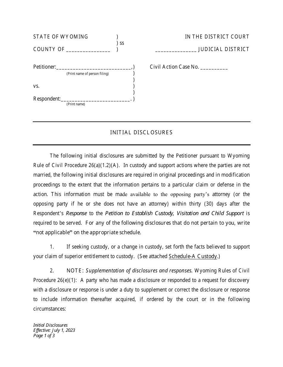 Initial Disclosures - Establishment of Custody, Visitation and Child Support - Wyoming, Page 1