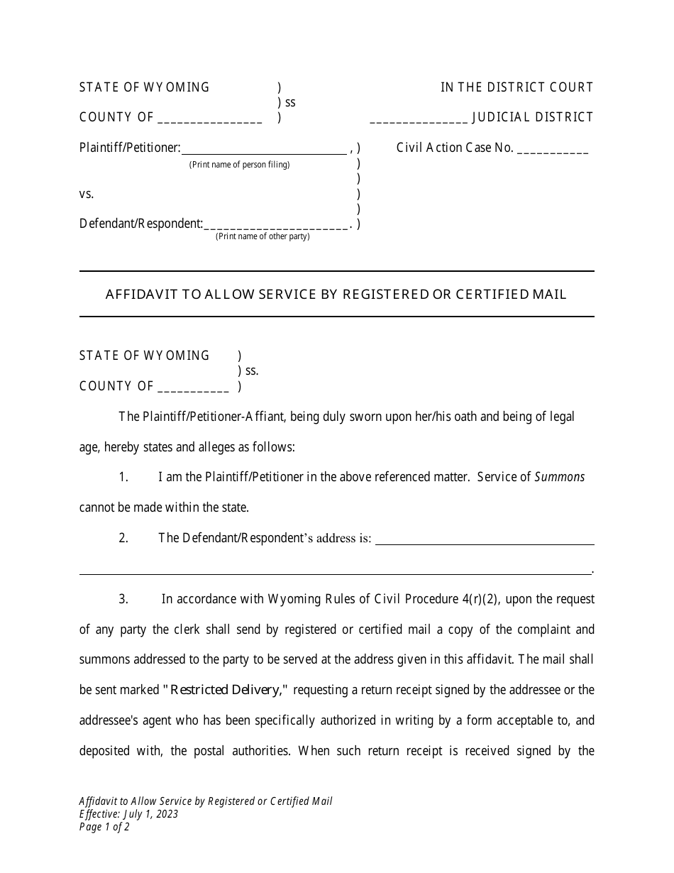 Affidavit to Allow Service by Registered or Certified Mail - Wyoming, Page 1