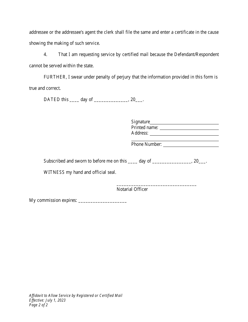 Affidavit to Allow Service by Registered or Certified Mail - Wyoming, Page 2