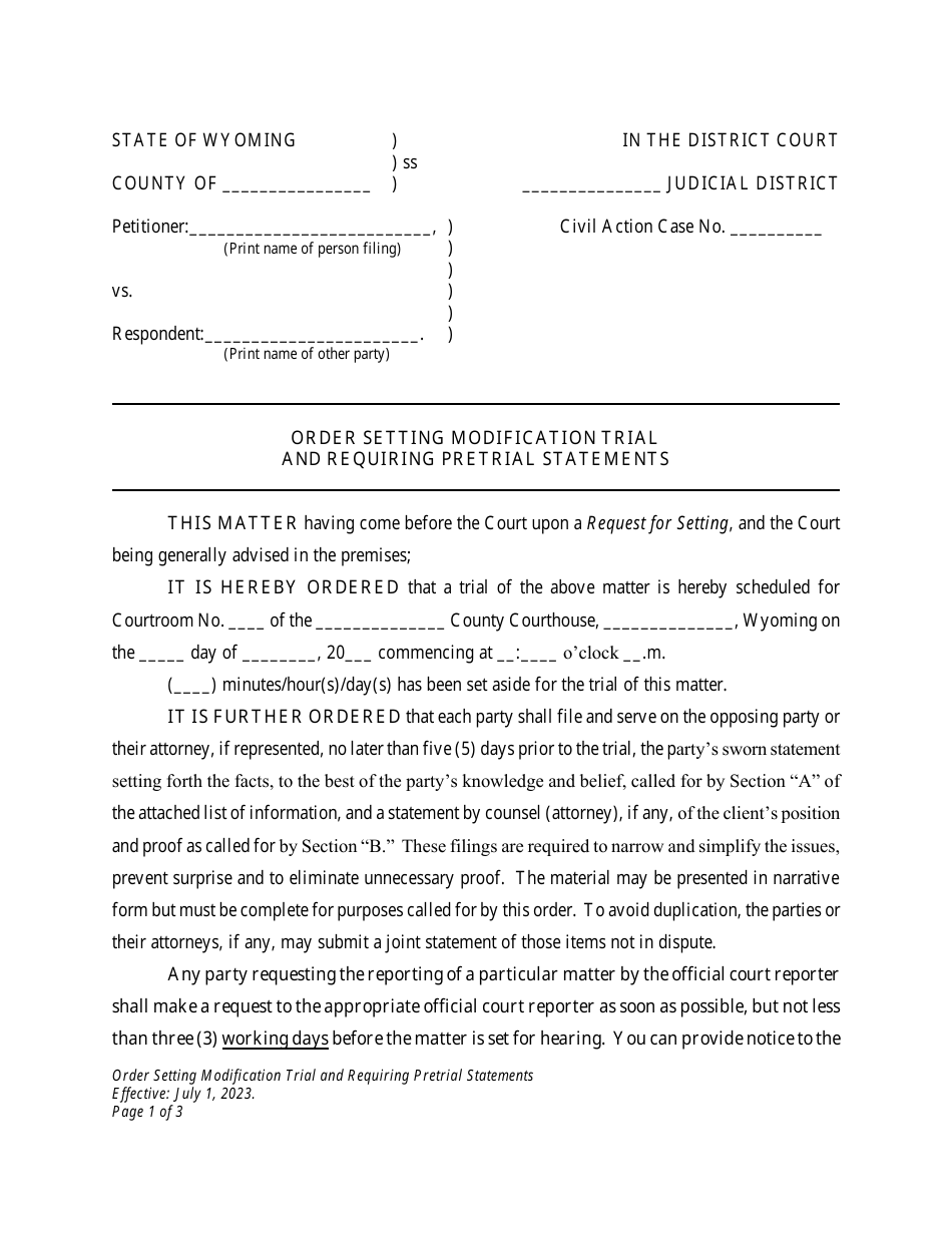 Order Setting Modification Trial and Requiring Pretrial Statements - Wyoming, Page 1