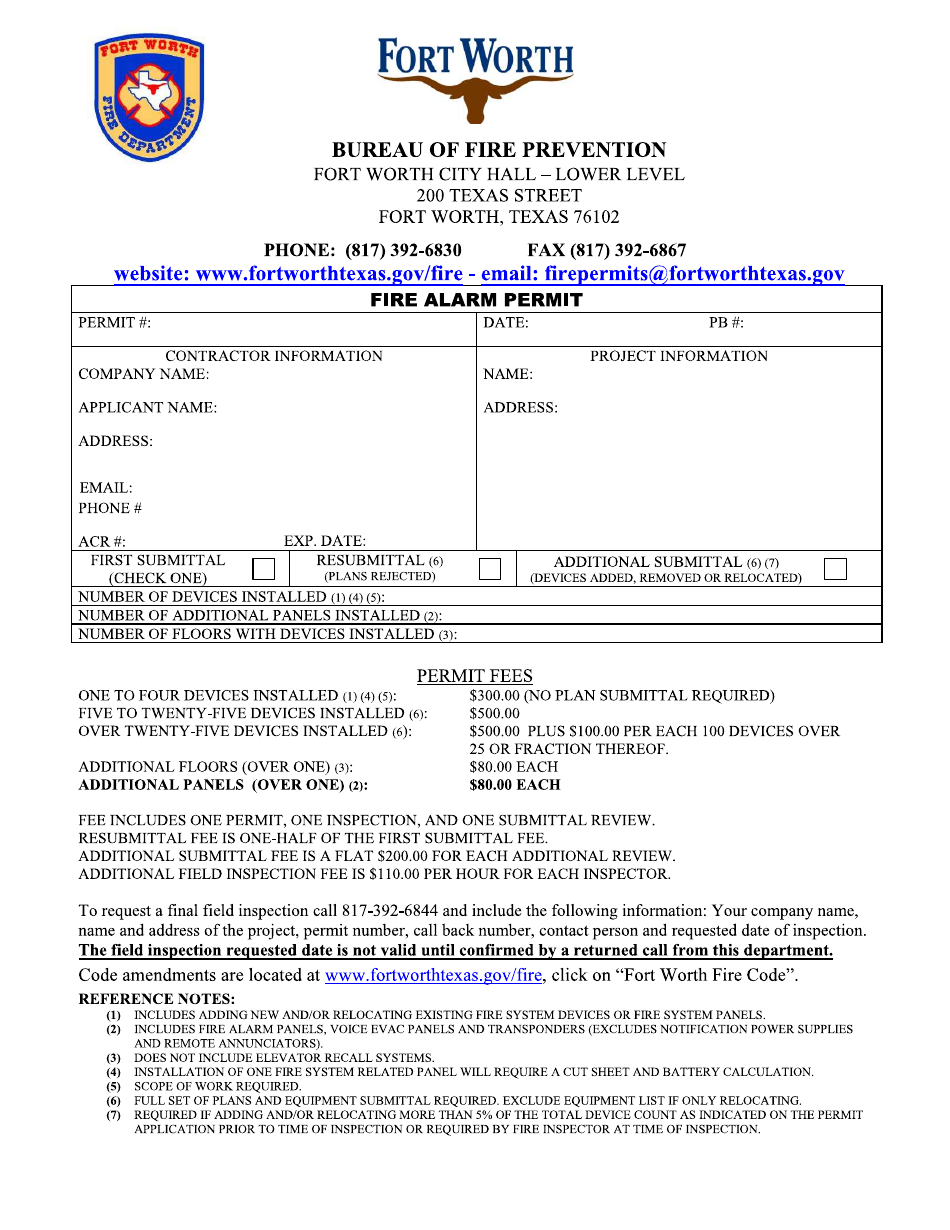 Form 1A Fire Alarm Permit - City of Fort Worth, Texas, Page 1