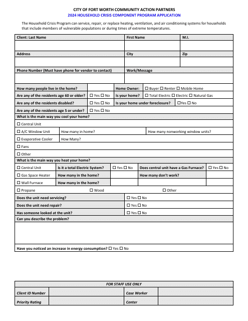 Household Crisis Component Program Application - City of Fort Worth, Texas Download Pdf