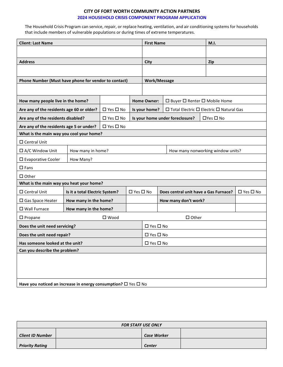 Household Crisis Component Program Application - City of Fort Worth, Texas, Page 1