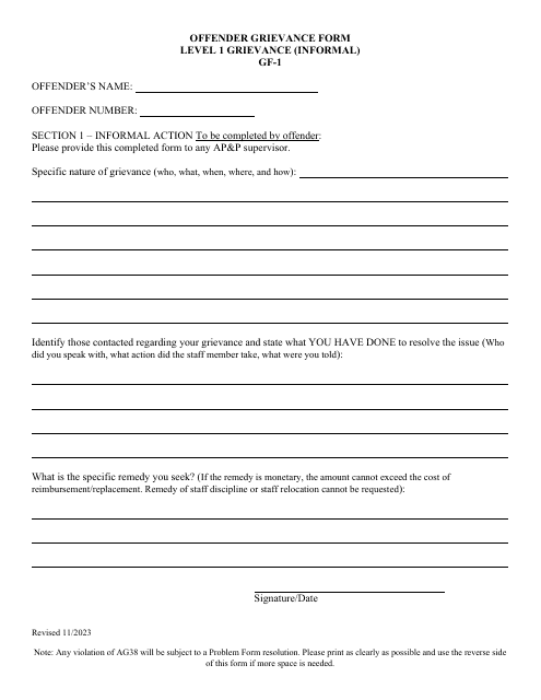 Form GF-1 Offender Grievance Form - Level 1 Grievance (Informal) - Utah