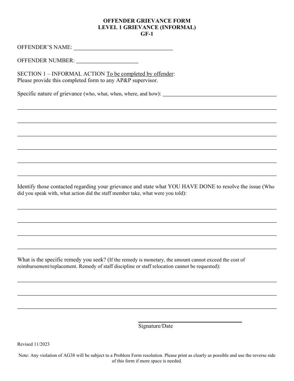 Form GF-1 Offender Grievance Form - Level 1 Grievance (Informal) - Utah, Page 1