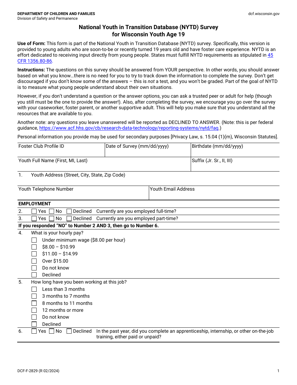 Form DCF-F-2829 National Youth in Transition Database (Nytd) Survey for Wisconsin Youth Age 19 - Wisconsin, Page 1