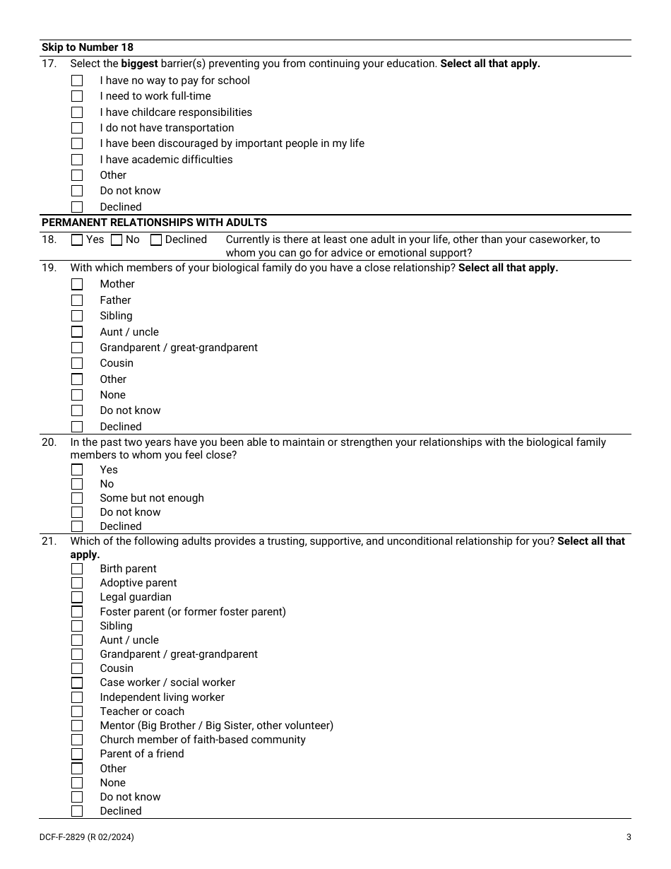 Form DCF-F-2829 National Youth in Transition Database (Nytd) Survey for Wisconsin Youth Age 19 - Wisconsin, Page 3