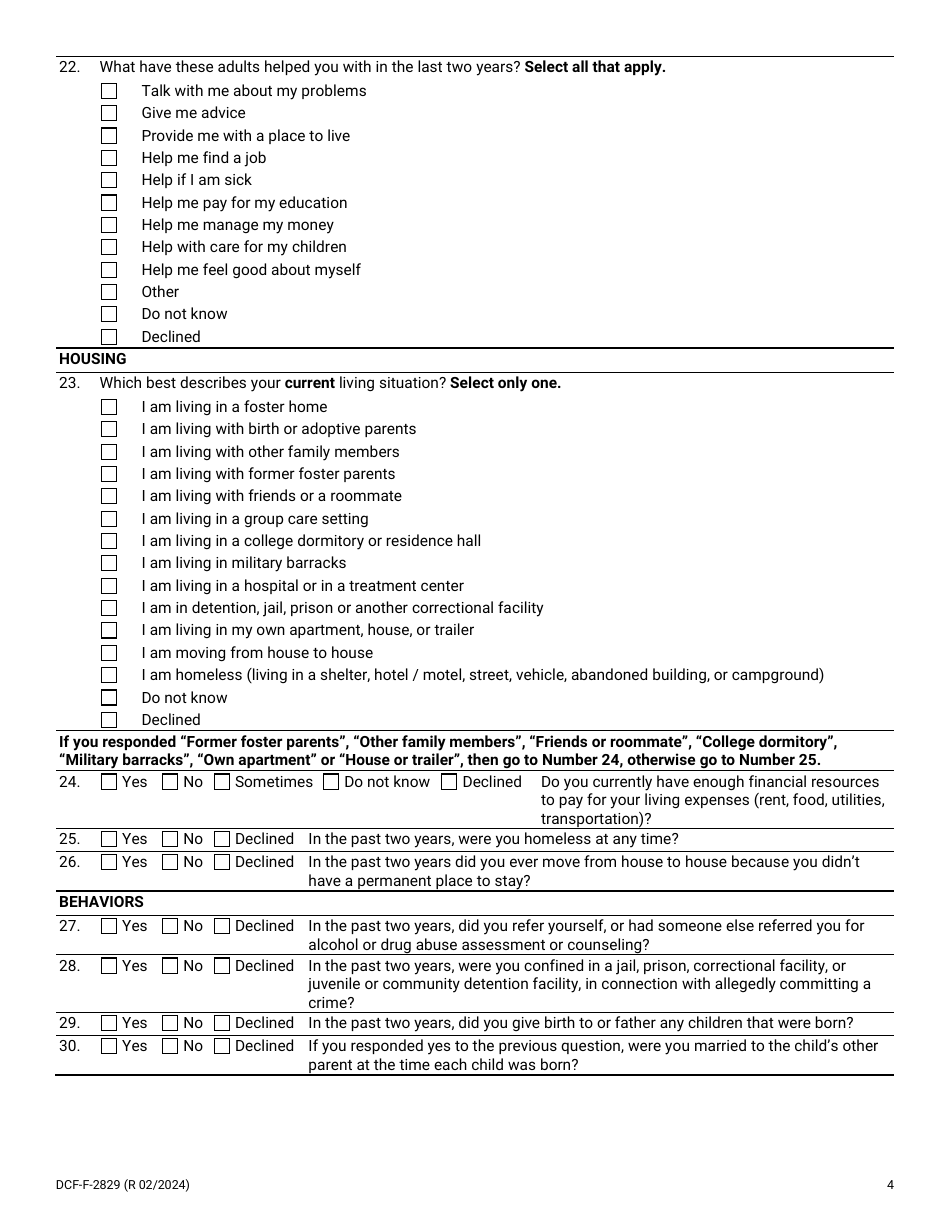 Form DCF-F-2829 National Youth in Transition Database (Nytd) Survey for Wisconsin Youth Age 19 - Wisconsin, Page 4
