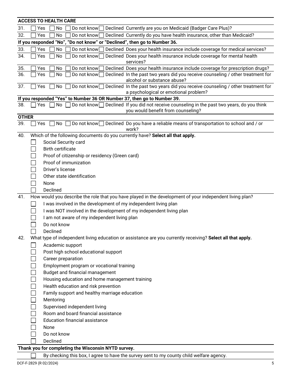 Form DCF-F-2829 National Youth in Transition Database (Nytd) Survey for Wisconsin Youth Age 19 - Wisconsin, Page 5