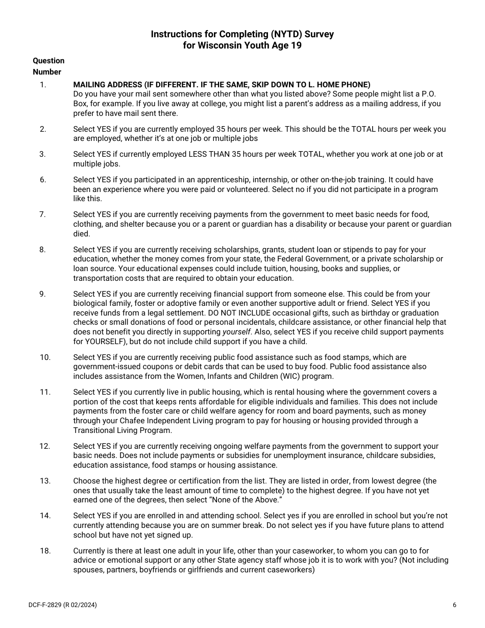 Form DCF-F-2829 National Youth in Transition Database (Nytd) Survey for Wisconsin Youth Age 19 - Wisconsin, Page 6