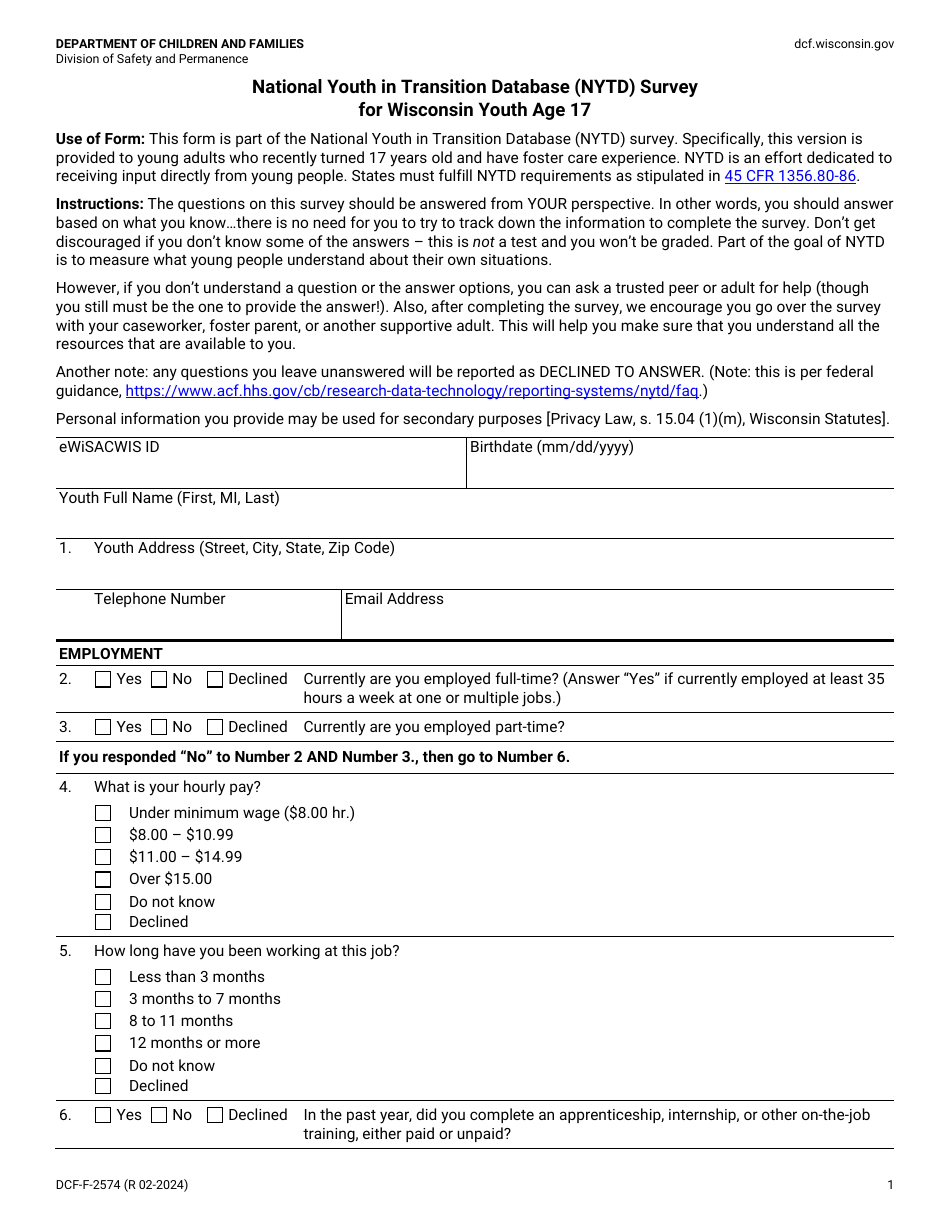 Form DCF-F-2574 National Youth in Transition Database (Nytd) Survey for Wisconsin Youth Age 17 - Wisconsin, Page 1
