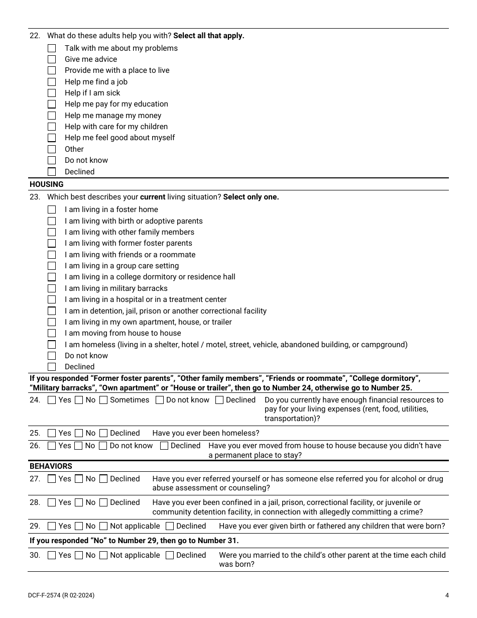 Form DCF-F-2574 National Youth in Transition Database (Nytd) Survey for Wisconsin Youth Age 17 - Wisconsin, Page 4
