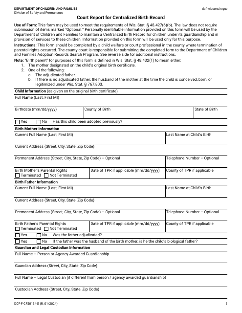 Form DCF-F-CFS0134-E Court Report for Centralized Birth Record - Wisconsin