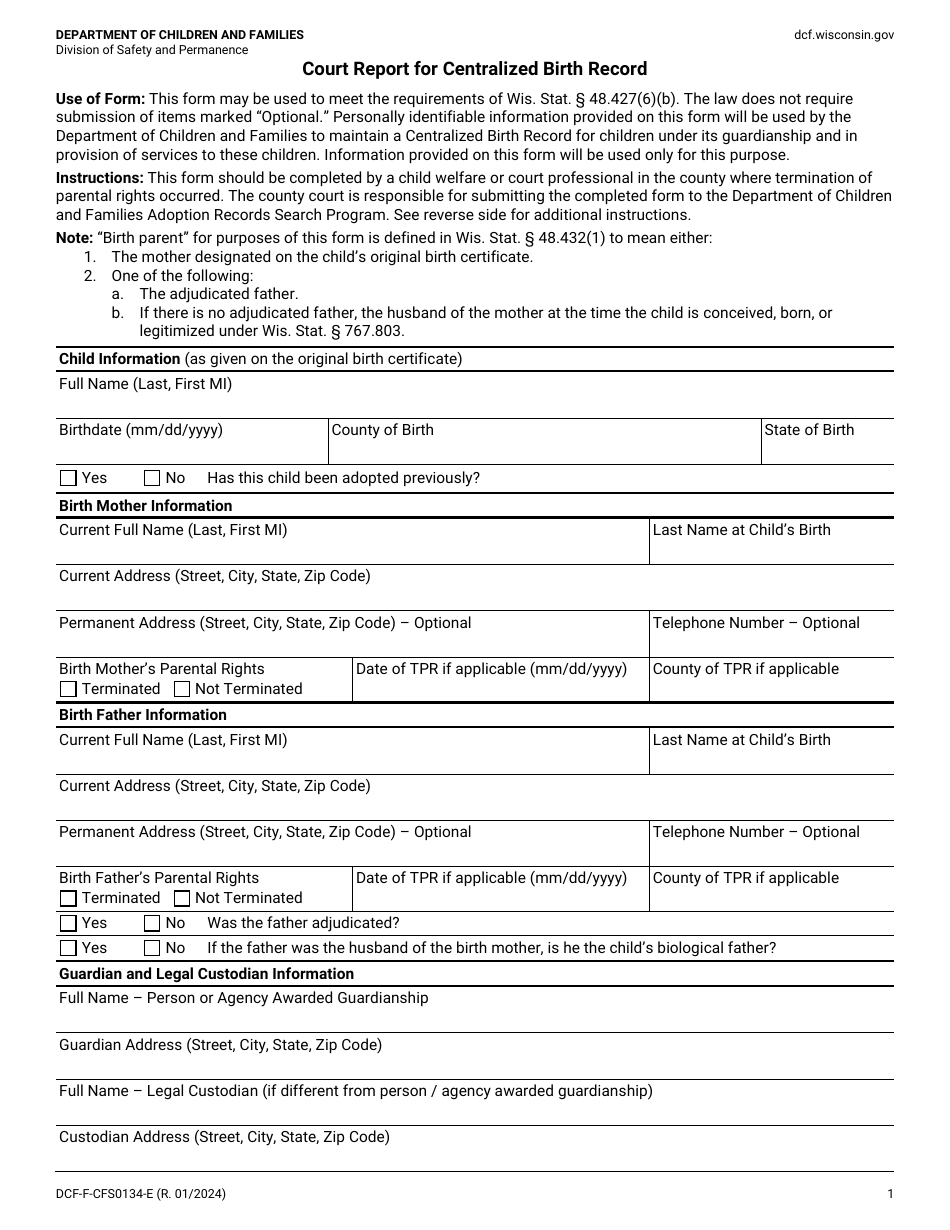 Form DCF-F-CFS0134-E Court Report for Centralized Birth Record - Wisconsin, Page 1