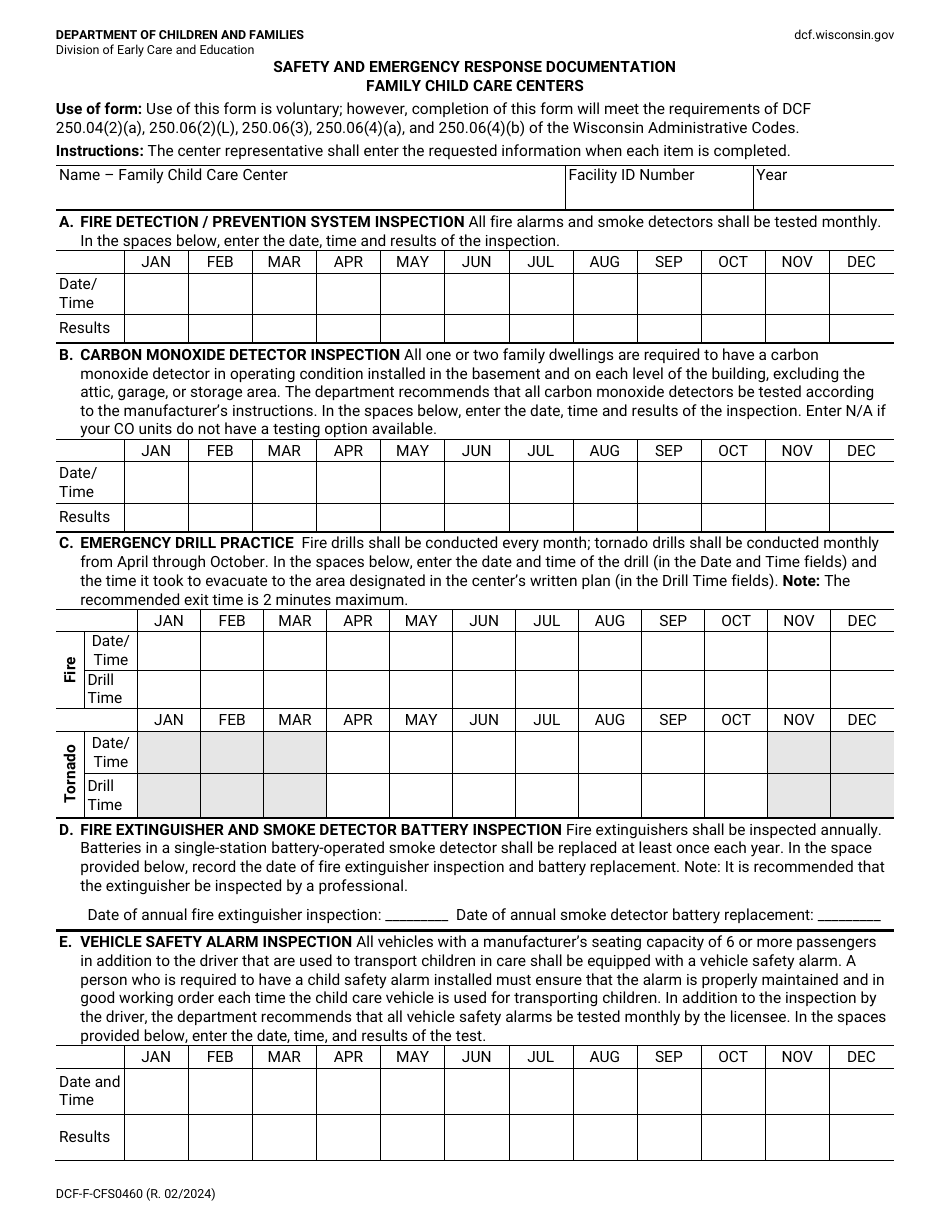 Form DCF-F-CFS0460 Safety and Emergency Response Documentation - Family Child Care Centers - Wisconsin, Page 1