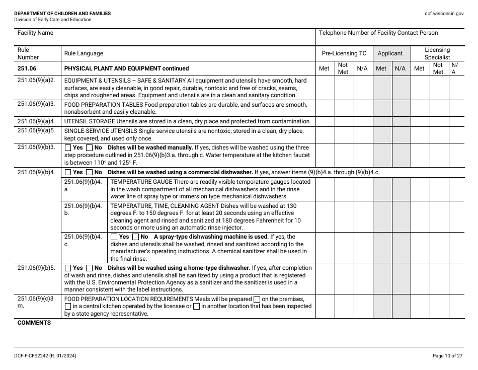 Form DCF-F-CFS2242 Initial Licensing Checklist - Group Child Care Centers - Wisconsin, Page 10
