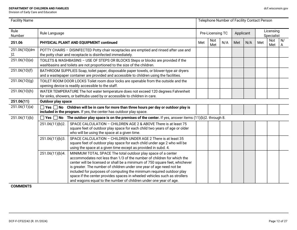 Form DCF-F-CFS2242 Initial Licensing Checklist - Group Child Care Centers - Wisconsin, Page 12