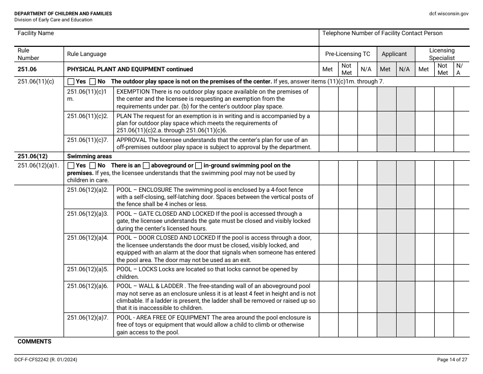 Form DCF-F-CFS2242 Initial Licensing Checklist - Group Child Care Centers - Wisconsin, Page 14