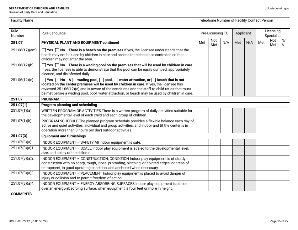 Form DCF-F-CFS2242 Initial Licensing Checklist - Group Child Care Centers - Wisconsin, Page 15
