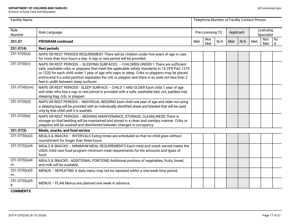 Form DCF-F-CFS2242 Initial Licensing Checklist - Group Child Care Centers - Wisconsin, Page 17