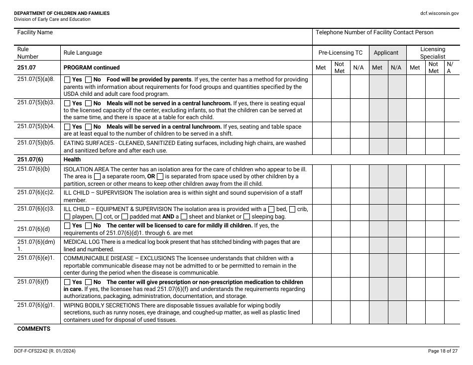 Form DCF-F-CFS2242 Initial Licensing Checklist - Group Child Care Centers - Wisconsin, Page 18