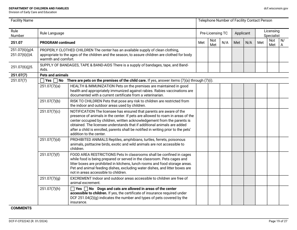 Form DCF-F-CFS2242 Initial Licensing Checklist - Group Child Care Centers - Wisconsin, Page 19