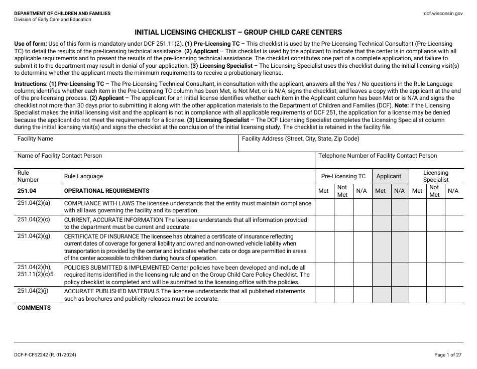 Form DCF-F-CFS2242 Initial Licensing Checklist - Group Child Care Centers - Wisconsin, Page 1