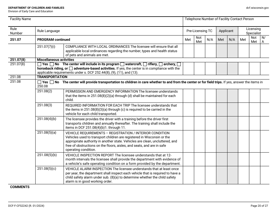 Form DCF-F-CFS2242 Initial Licensing Checklist - Group Child Care Centers - Wisconsin, Page 20