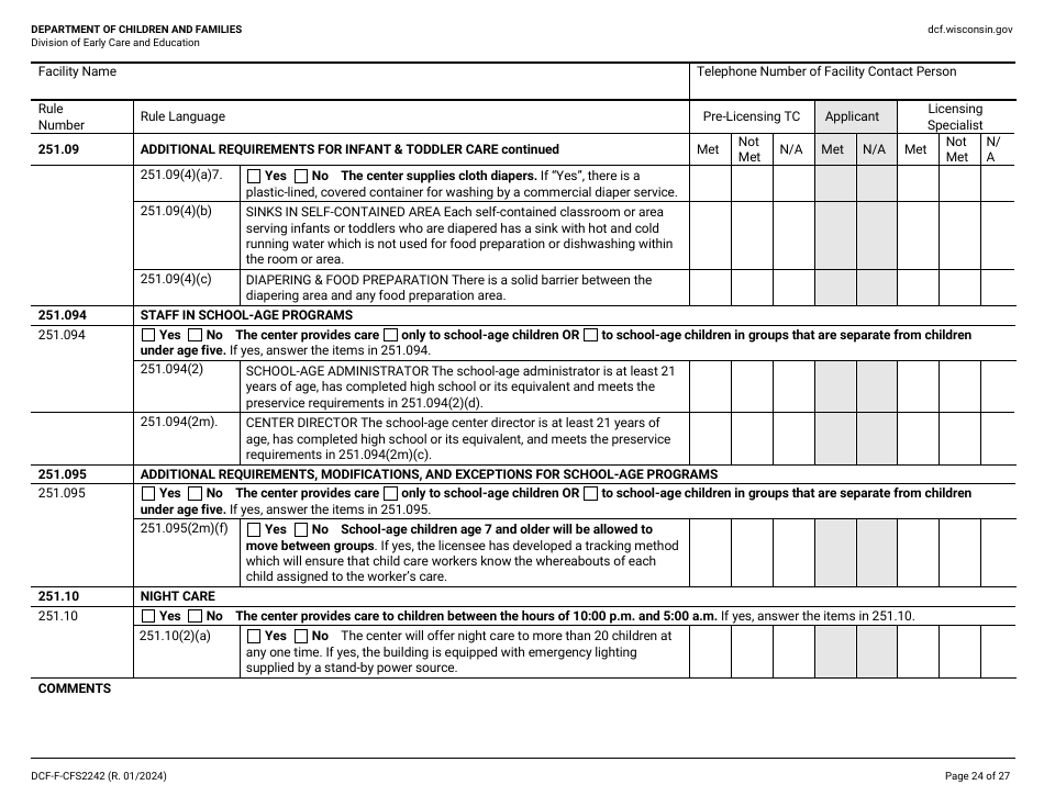 Form DCF-F-CFS2242 Initial Licensing Checklist - Group Child Care Centers - Wisconsin, Page 24