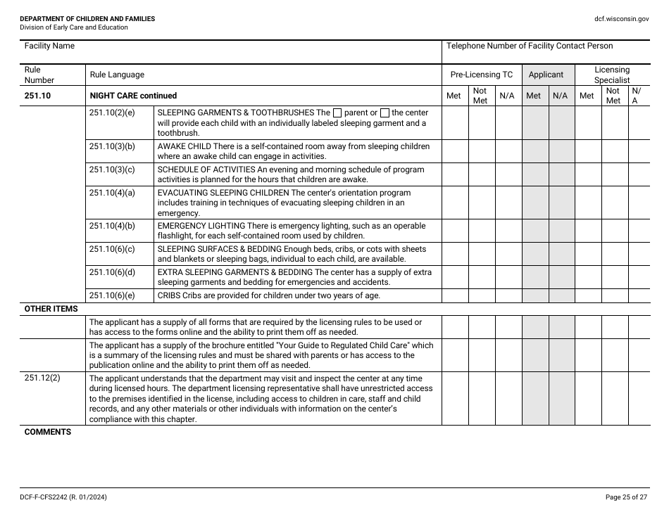 Form DCF-F-CFS2242 Initial Licensing Checklist - Group Child Care Centers - Wisconsin, Page 25