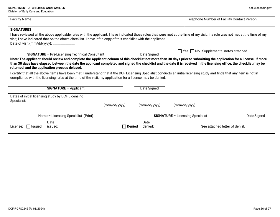 Form DCF-F-CFS2242 Initial Licensing Checklist - Group Child Care Centers - Wisconsin, Page 26
