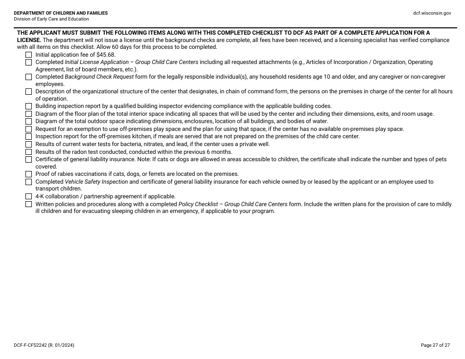 Form DCF-F-CFS2242 Initial Licensing Checklist - Group Child Care Centers - Wisconsin, Page 27