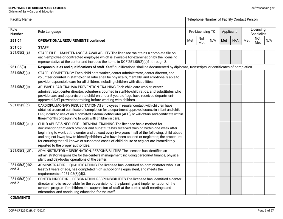 Form DCF-F-CFS2242 Initial Licensing Checklist - Group Child Care Centers - Wisconsin, Page 3