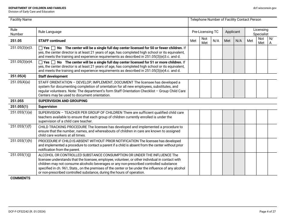 Form DCF-F-CFS2242 Initial Licensing Checklist - Group Child Care Centers - Wisconsin, Page 4