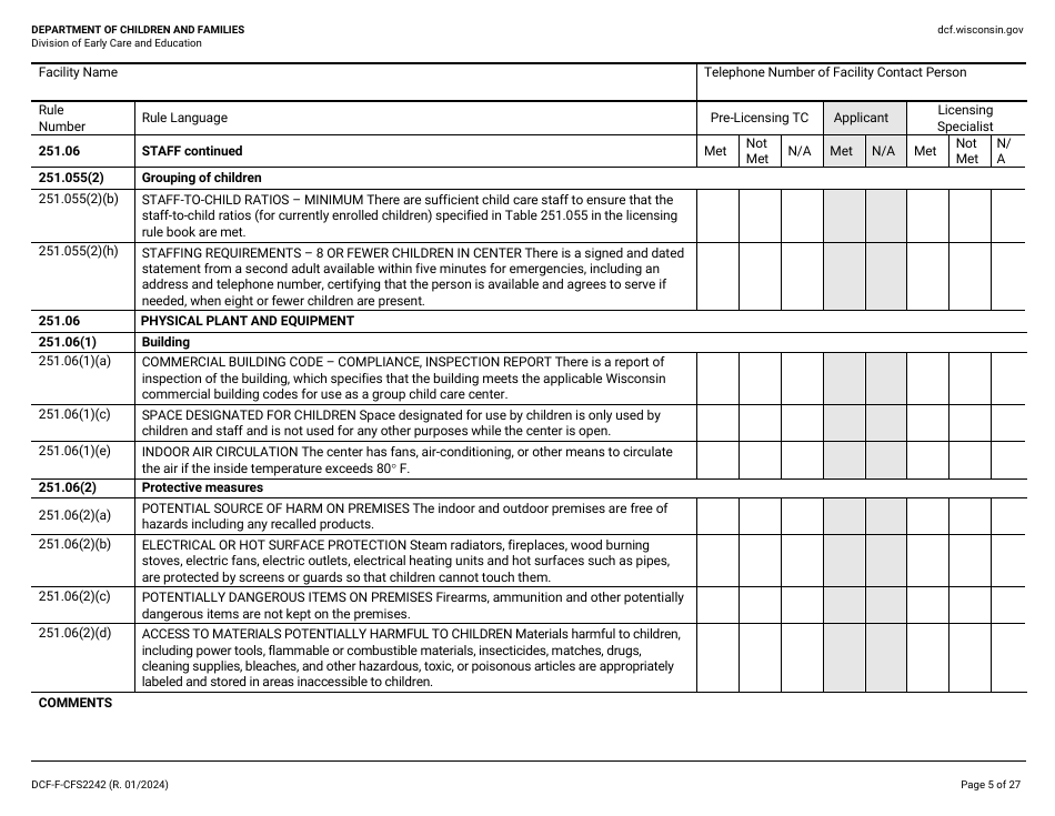 Form DCF-F-CFS2242 Initial Licensing Checklist - Group Child Care Centers - Wisconsin, Page 5