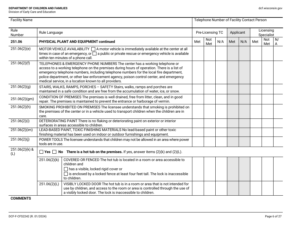 Form DCF-F-CFS2242 Initial Licensing Checklist - Group Child Care Centers - Wisconsin, Page 6